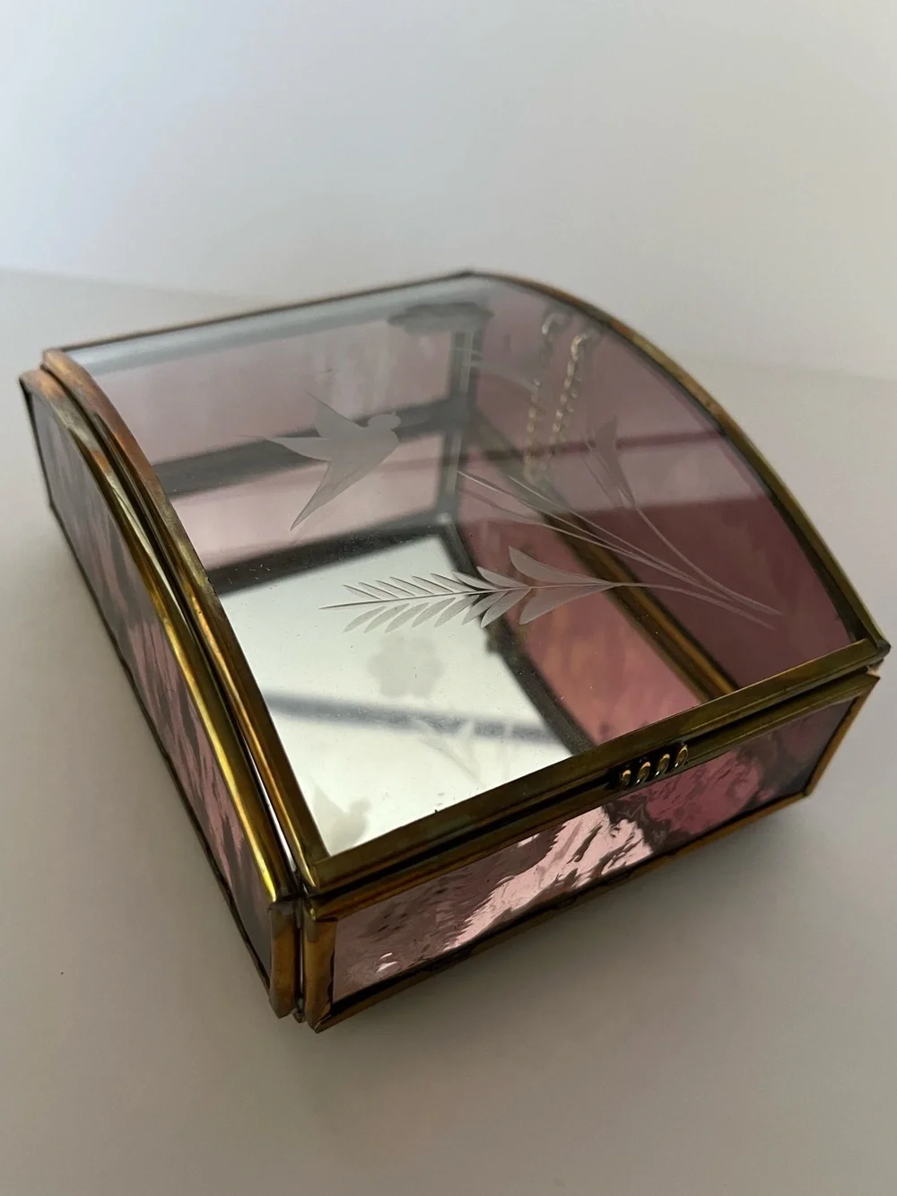 Vintage Brass Trinket Jewelry Box Etched Floral Purple Glass Curved Lid Romantic
